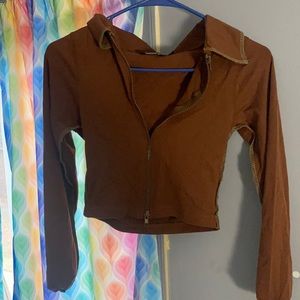 Shape Chocolate Brown Cotton Collar Detail Zip Crop Top